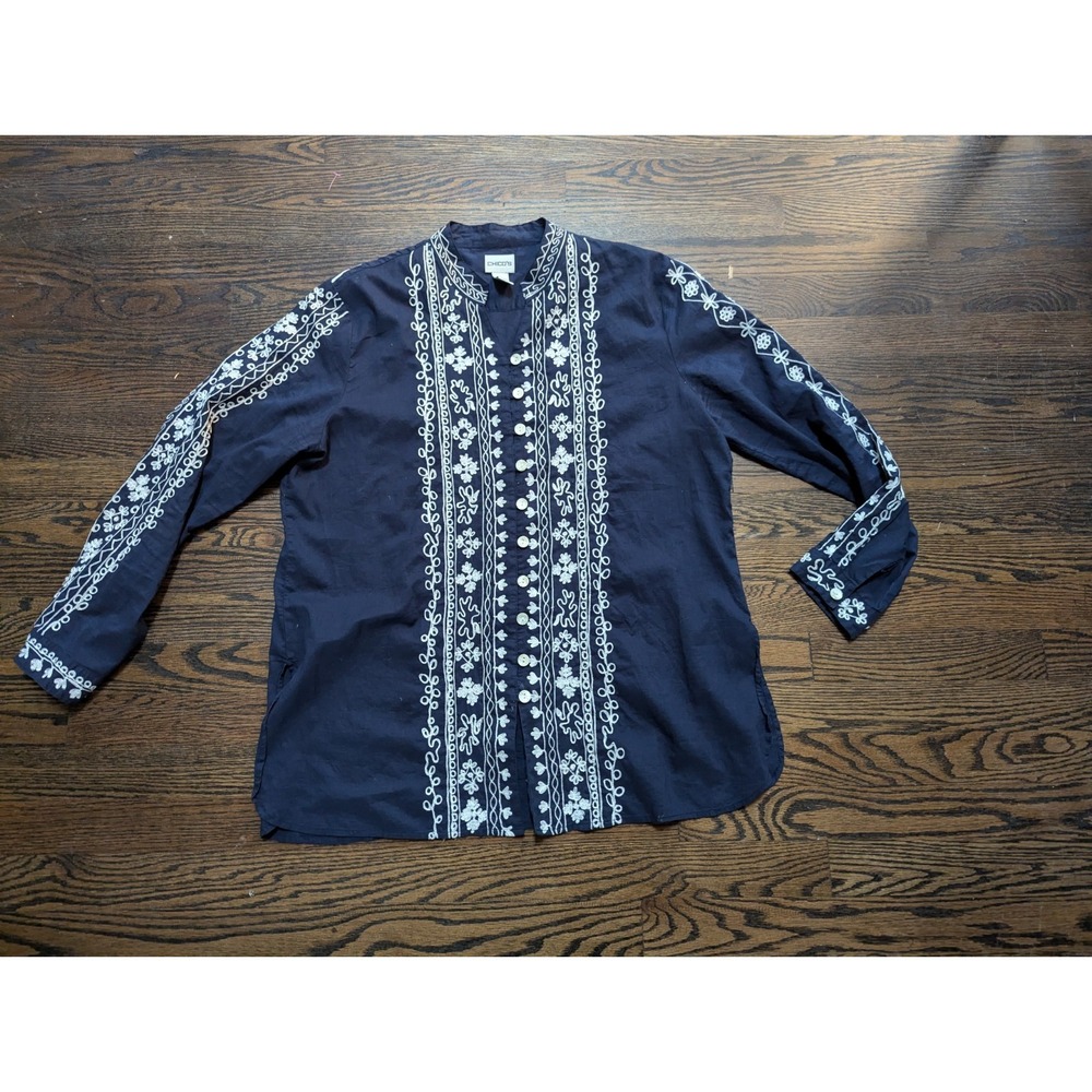 Chicos Size 2 Med-Large Top Shirt Navy Blue White Embroidered Boho Tunic Coastal